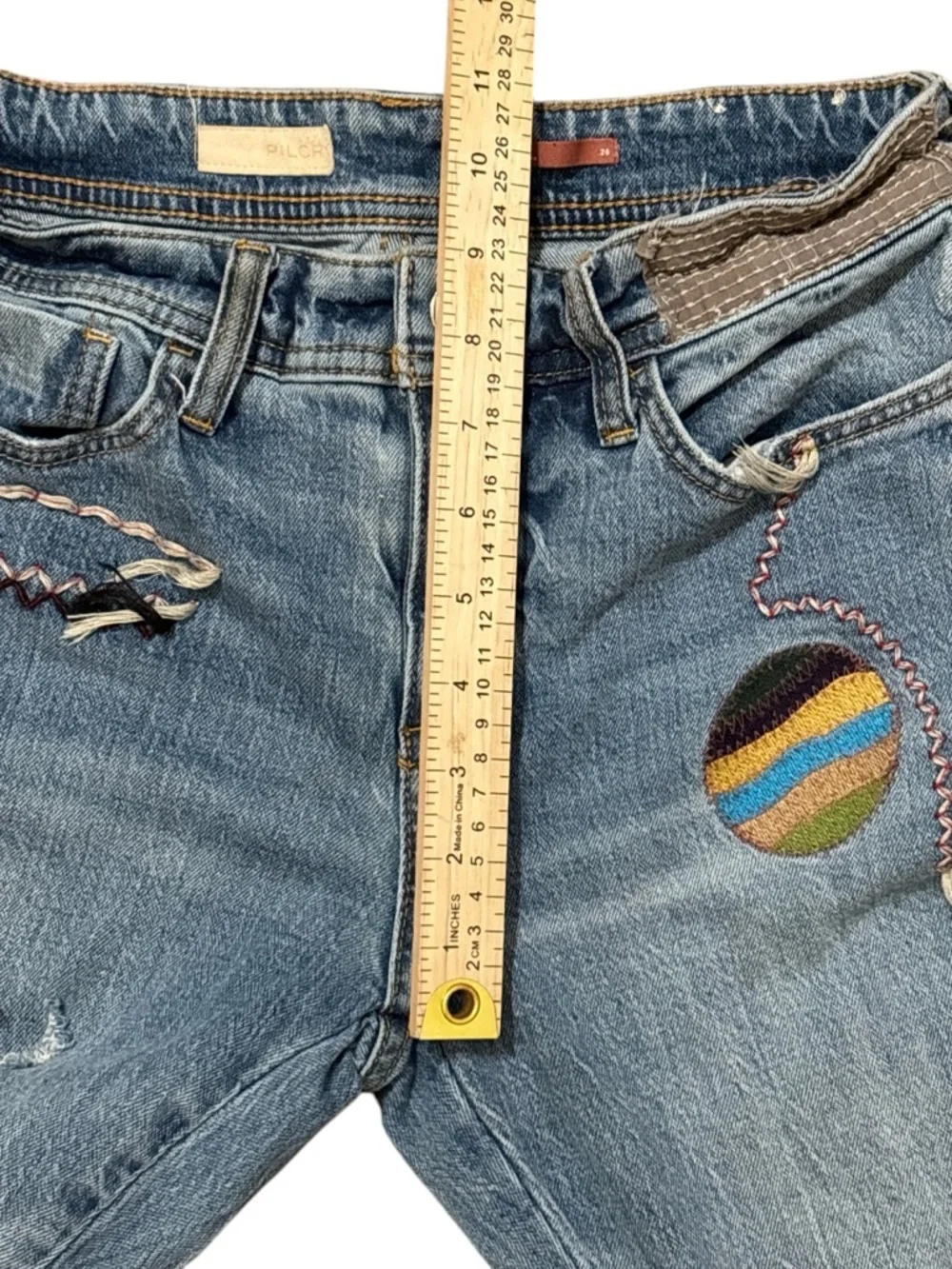 Pilcro Anthropologie Women’s Blue Patchwork Straight-Leg Boyfriend Jeans size 26 - Picture 14 of 14